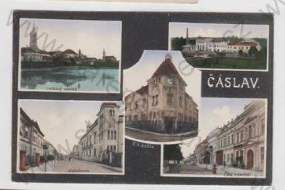  - Čáslav (Kutná hora), více záběrů, celkový pohled, pivovar, Sokolovna, pohled ulicí, pošta, náměstí, kolorovaná, koláž