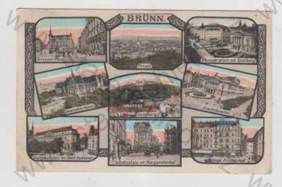  - Brno (Brünn), více záběrů, náměstí, celkový pohled, divadlo, Deutsches haus, Špilberk, nádraží, hotel, kolorovaná, koláž