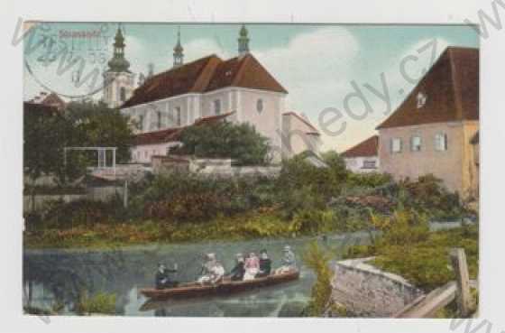  - Strážnice (Strassnitz) - Hodonín, řeka, loď, kostel, kolorovaná
