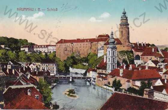  - Český Krumlov, Krummau, celkový pohled, zámek, řeka, kolorovaná