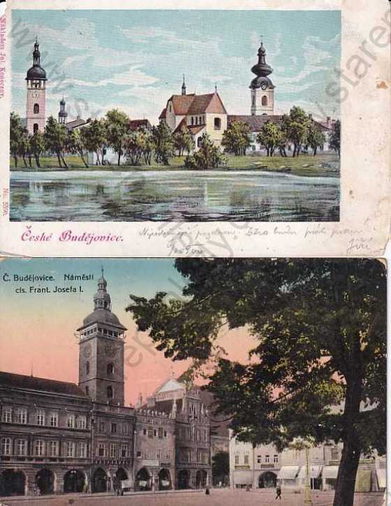  - České Budějovice, Budweis, náměstí, kolorovaná, obchody, 2 ks
