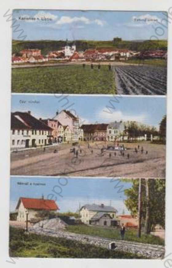  - Kamenice nad Lípou (Pelhřimov), více záběrů, celkový pohled, náměstí, nádraží, hostinec, kolorovaná