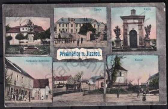  - Předměřice nad Jizerou (Mladá Boleslav), barevná, více záběrů, pohled ulicí, hostinec, kaple, kostel, škola