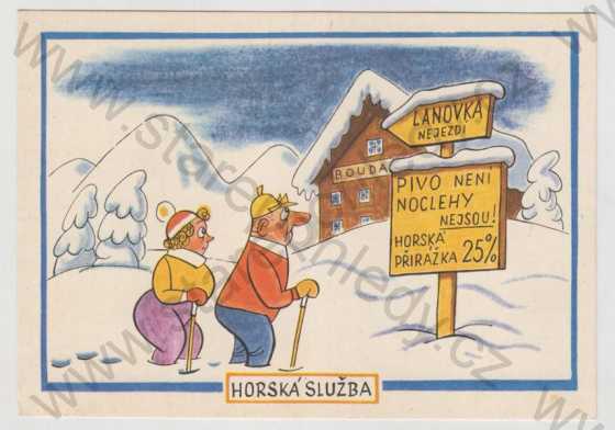  - Otakar Štembera, hory, sníh, zimní, lanovka, bouda, humor, kolorovaná
