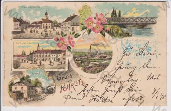  - Pohořelice - kostel, most, náměstí, cukrovar, nádraží, litografie, DA, koláž, kolorovaná