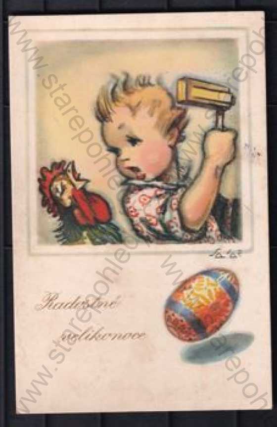  - Salač, Veselé Velikonoce, dítě, kohout, kraslice, řehtačka, kolorovaná