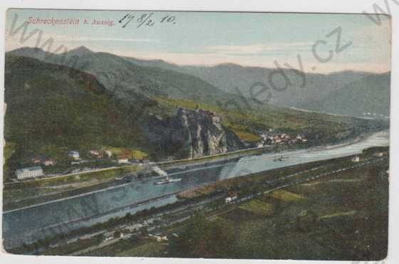  - Hrad Střekov (Schreckenstein) - Ústí nad Labem, řeka, parník, kolorovaná