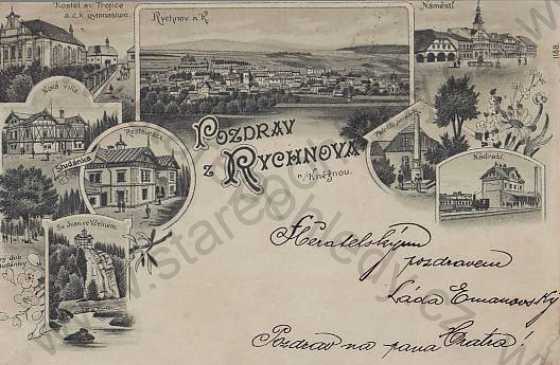  - Rychnov nad Kněžnou, celkový pohled, ksotel, gymnázium, vila, restaurace, nádraží, náměstí, Sv.Ovan ve Včelném, Pelclův pomník, DA