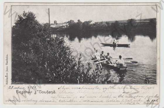 - Toušeň (Praha - východ), řeka, loď, částečný záběr města, DA