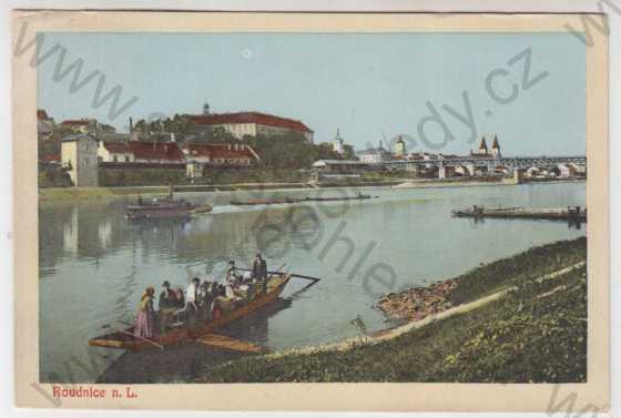  - Roudnice nad Labem (Litoměřice), řeka, loď, částečný záběr města, kolorovaná