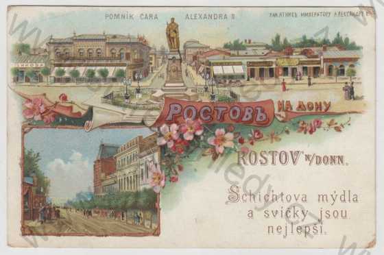  - Rusko, Rostov na Donu, více záběrů, Pomník Cara Alexandra II., pohled ulicí, kolorovaná, koláž, reklamní