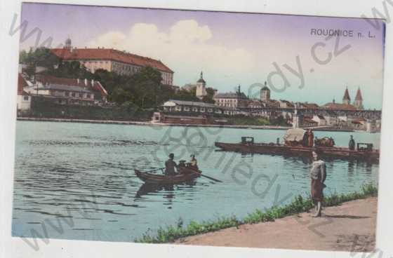  - Roudnice nad Labem (Litoměřice), řeka, loď, částečný záběr města, kolorovaná