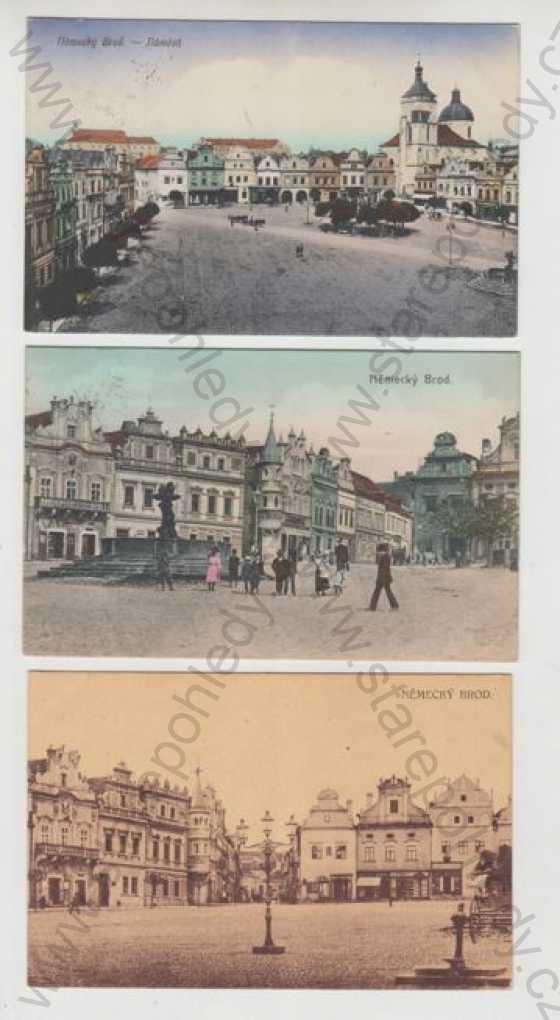  - 3x Havlíčkův Brod (Německý Brod), náměstí, kůň, povoz, kolorovaná