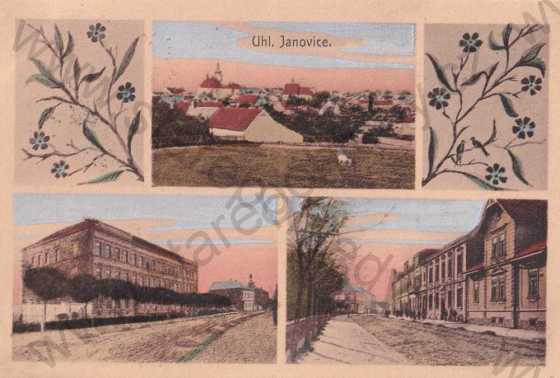  - Uhlířské Janovice, Kutná Hora, koláž, kolorovaná, celkový pohled, ulice
