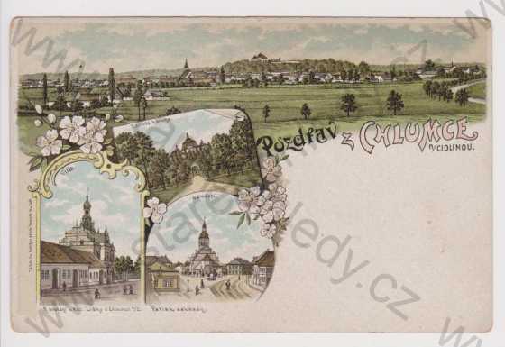  - Chlumec nad Cidlinou (Hradec Králové) - celkový pohled, Karlova koruna, náměstí, litografie, koláž, DA
