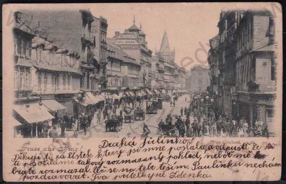  - Příkopy (Praha 1), pohled ulicí, tramvaj, obchod, kůň, DA