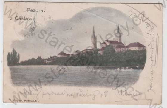  - Čáslav (Kutná hora), částečný záběr města, řeka, kolorovaná, DA