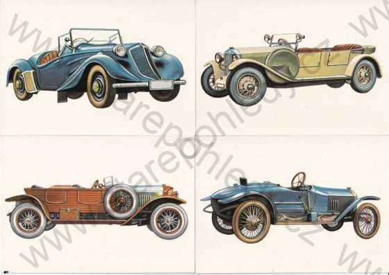  - Automobily osobní, žánr, 4 ks, barevné, kresba, Tatra