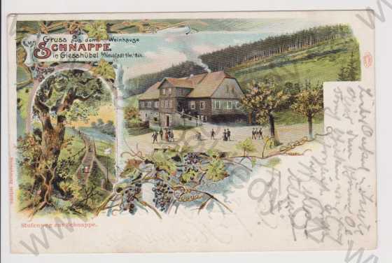  - Olešnice v Orlických horách - hostinec vinárna Schnappe, litografie, DA, koláž, kolorovaná