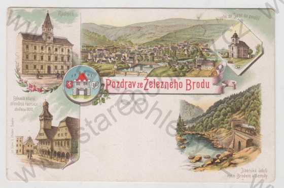  - Železný Brod (Jablonec nad Nisou), více záběrů, celkový pohled, radnice, bývalá radnice, Jizerské údolí, znak, erb, kolorovaná, koláž, DA