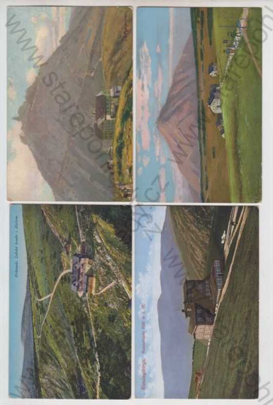  - 4x Krkonoše (Riesengebirge) - Trutnov, Sněžka, Labská bouda, Kotel, Rennerbaude, kolorovaná