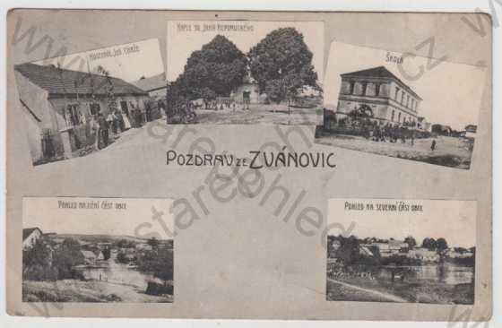  - Zvánovice (Praha - východ), více záběrů, hostinec, kaple, škola, částečný záběr města