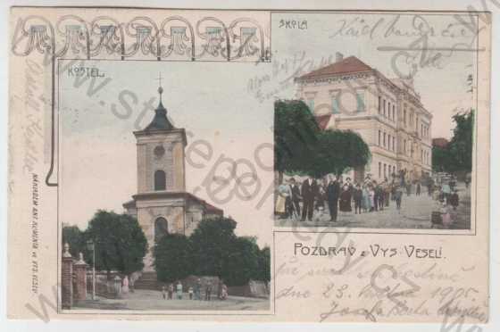  - Vysoké Veselí (Jičín), více záběrů, kostel, škola, kolorovaná, DA