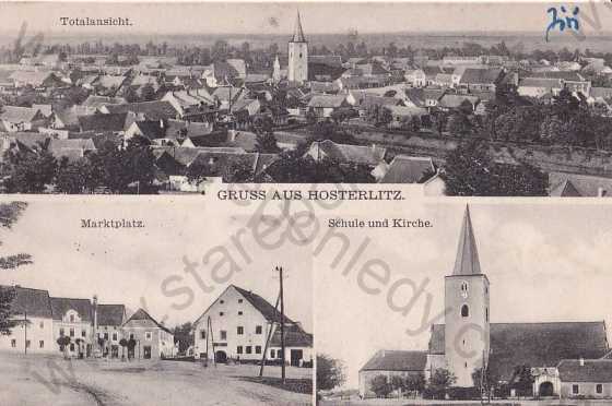  - Hoštěradice Hosterlitz Znojmo Znaim, celkový pohled, náměstí, škola a kostel