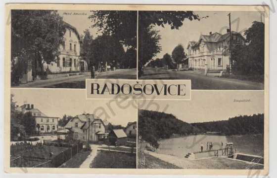  - Radošovice (Benešov), více záběrů, hotel, pohled ulicí, koupaliště, částečný záběr města