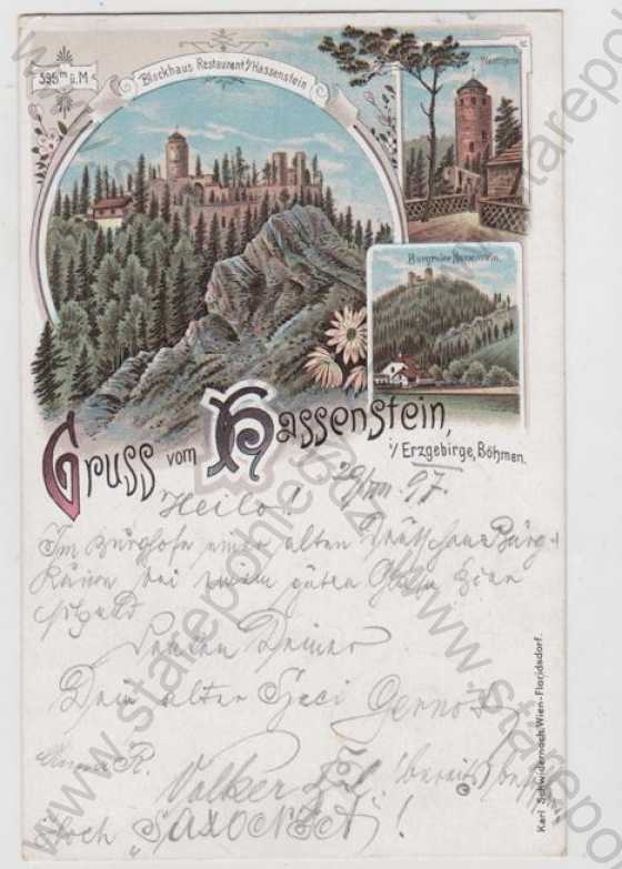  - Hasištejn (Hassenstein) - Chomutov, více záběrů, hrad, věž, zřícenina, kolorovaná, koláž, DA
