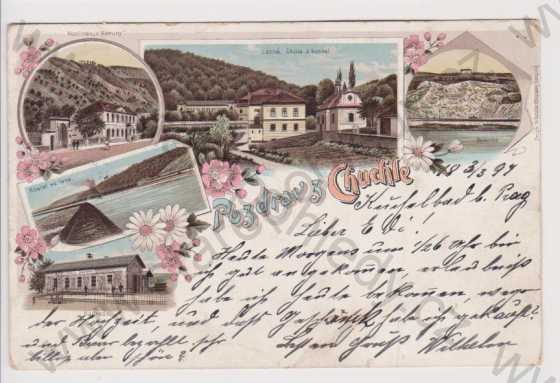  - Praha - Chuchle - lázně, škola a kostel, hostinec u Koruny, kostel sv. Jana, nádraží, Barande, litografie, DA, koláž, kolorovaná