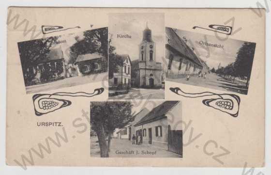  - Cvrčovice (Urspitz) - Brno venkov, více záběrů, zámek, kostel, pohled ulicí, obchod, koláž