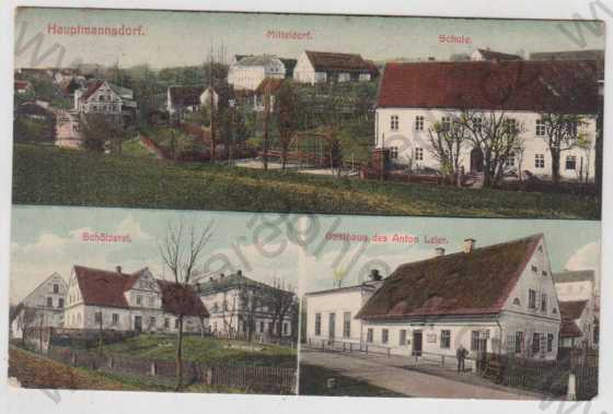  - Hejtmánkovice (Hauptmannsdorf) - Náchod, více záběrů, celkový pohled, škola, restaurace, kolorovaná