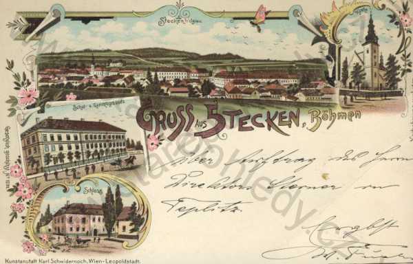  - Štoky / Gruss aus Stecken, Böhmen - Schul - u. Gerichtsgebäude, Schloss, Kirche, litografie, DA