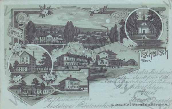  - Čejč / Gruss aus Tschwitsch, Mähren - Dampfmühle, Kurhaus, Bahnhof, K. K. Meierhof, Schnitzler´s Handlung, Kapelle, litografie, DA