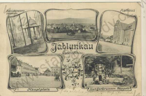  - Jablunkov, Radnice, Hlavní náměstí - Jablunkau, Aussichtswarte, Rathaus, Hauptplatz, Hungerbunnrn. Annaquelle, koláž