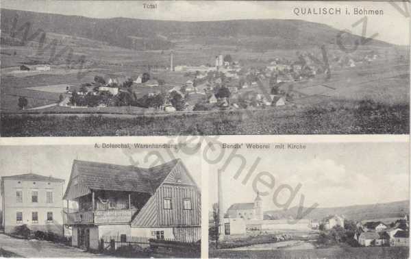  - Chvaleč - Qualisch i. Böhmen, Total, A. Doleschal, Warenhandlung, Bendix Weberei mit Kirche