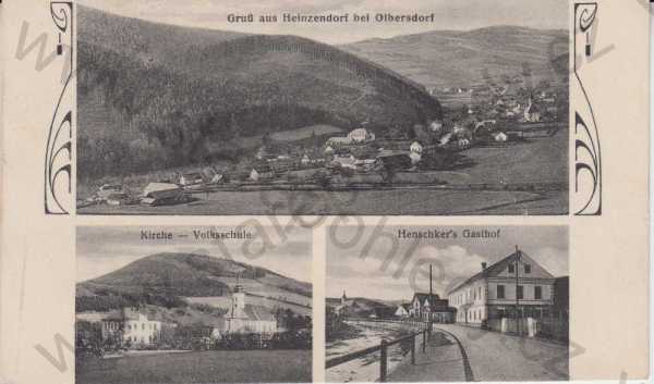  - Hynčice / Heinzendorf bei Olbersdorf, Kirche, Volksschule, Henschker´s Gasthof