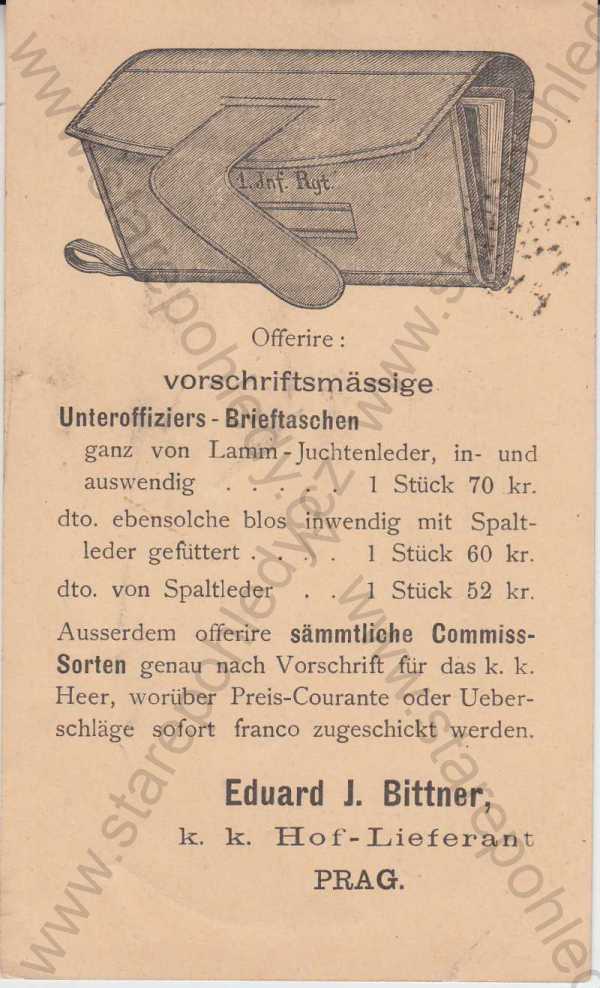  - Praha - 1887 Vorläufer reklamní pohled obchodu  na poštovní tašky, velmi vzácné