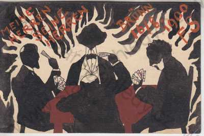  - RUČNÍ  KRESBA  - Muži hrající karty - Moji muži, jeho muži / Meine herren seine herren, Brün, 1900