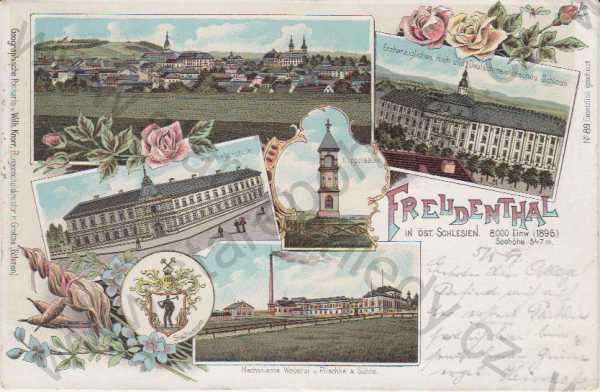  - Bruntál / Freudenthal in Öst. Schlesien, K. k. Webeschule, Mechanische Weberei v. Plischke & Söhne, Erzherzogliches Hoch - und Deutschmeistersches Schloss, barevná, litografie, DA