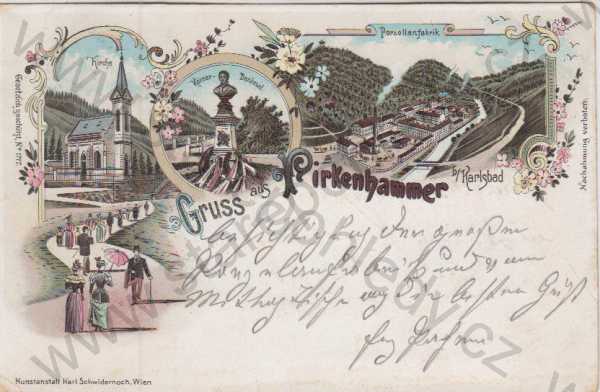  - Březová (Pirkenhammer bei Karlsbad)- kostel, pomník, Porcelánka, litografie, DA, kolorovaná