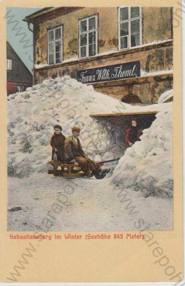  - Hora Svatého Šebestiána- zima (Sebastiansberg im Winter)- Franz Wilh. Theml, sáně, kolorovaná