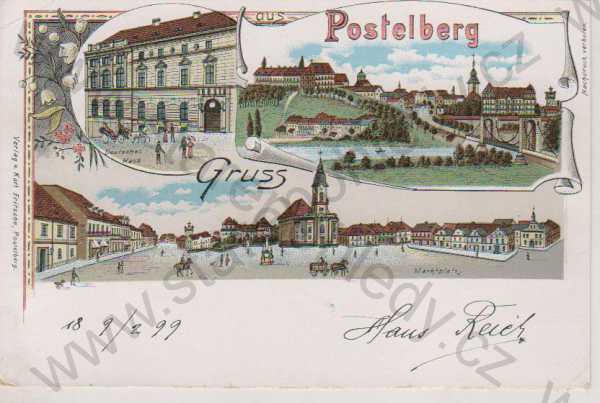  - Postoloprty (Postelberg), náměstí, celkový pohled, německý dům), litografie, DA, barevná