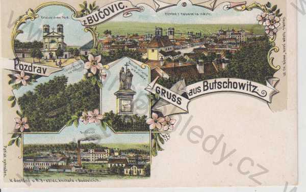  - Bučovice (Butschowitz), pohled na město, kostel, pomník, továrna, kolorovaná, koláž, DA