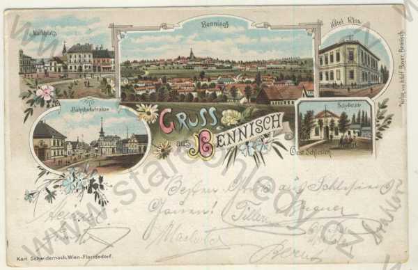  - Horní Benešov (Bennisch) - celkový pohled, náměstí, Nádražní ulice, Hotel Klos, více záběrů, litografie, DA, koláž, kolorovaná