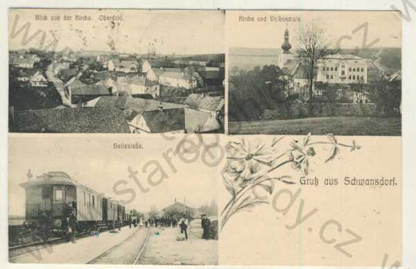  - Svatoňovice (Schwansdorf) - dílčí pohled, kostel a škola, nádraží, vlak, koláž