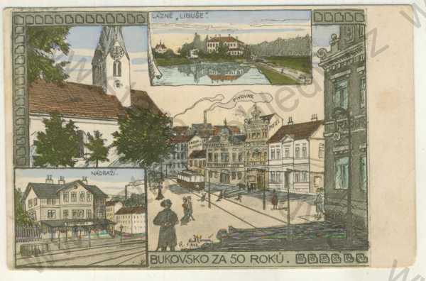  - Bukovsko za 50 roků - lázně Libuše, náměstí, kostel, tramvaj, nádraží, pivovar, koláž, kolorovaná, kresba