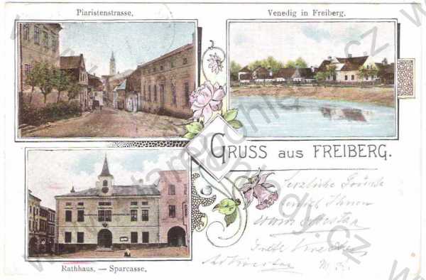  - Příbor (Freiberg ) - Piaristenstrasse, Venedig in Freiberg, Rathhaus - Sparcasse, více záběrů, koláž, kolorovaná, DA