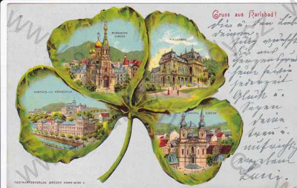  - Karlovy Vary, více záběrů situovaných do čtyřlístku, císařské lázně, ruský kostel, lázeňské domy, kresba, koláž, DA